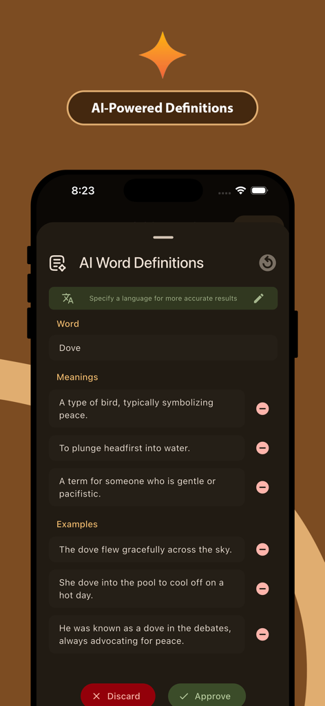 Una captura de pantalla de la función Definiciones de Palabras IA en la app Crear Diccionario mostrando significados y ejemplos para la palabra Dove en un iPhone
