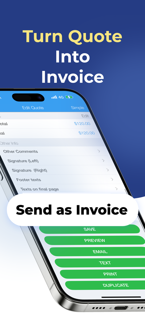Bildschirm eines Smartphones, der zeigt, wie ein Geschäfts-angebot mit Optionen zum E-Mailen, Texten und Drucken in eine Rechnung umgewandelt wird.