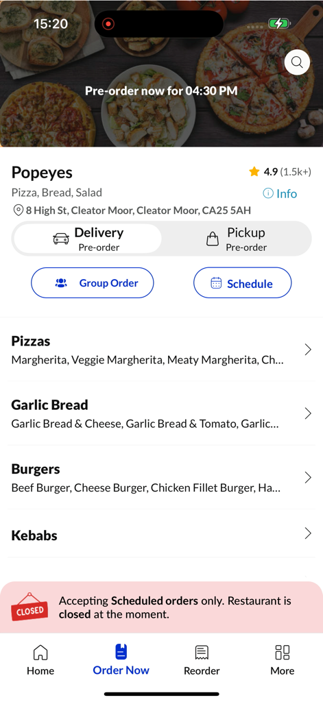 Popeyes. - Popeyes app menu screen showing local food categories and delivery options in Cleator Moor