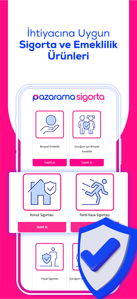 Pazarama mobile App-Oberfläche mit verschiedenen Versicherungs- und Rentenoptionen wie Haus- und Lebensversicherungen.