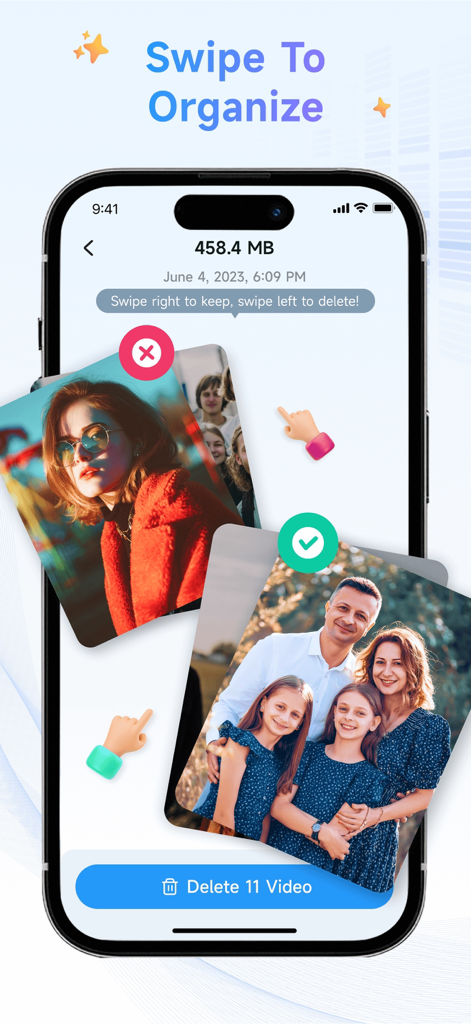 AI CleanUp Pro interface showing how to swipe to keep or delete photos