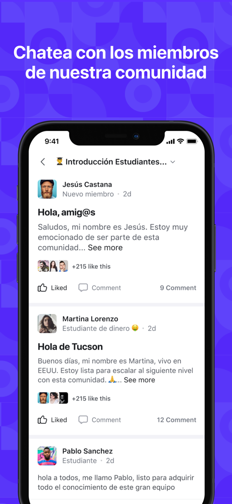 Uma interface de aplicativo móvel mostrando um feed social onde membros de uma comunidade de trading falante de espanhol interagem.