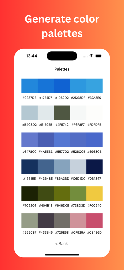 Color Identifier - HEX 코드가 포함된 여러 저장된 색상 팔레트를 보여주는 Color Identifier 앱 스크린샷