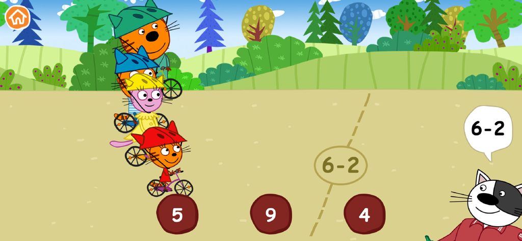 Kid-E-Cats characters on bicycles in a subtraction math learning game