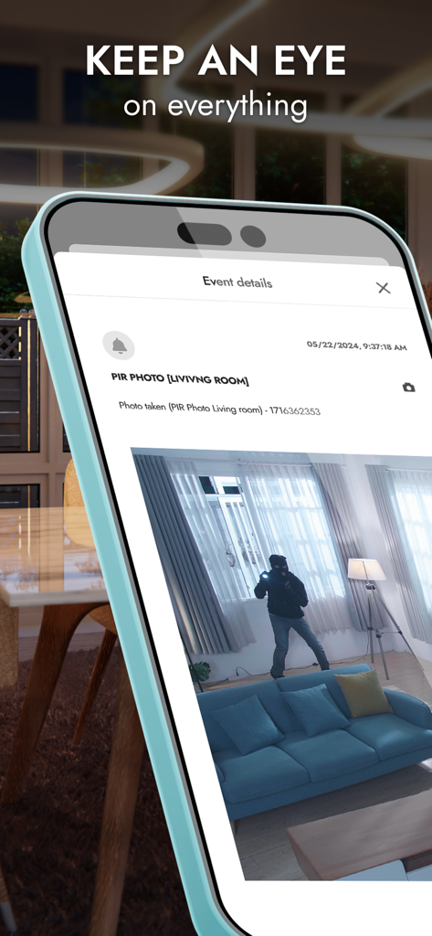 BE WAVE - BE WAVE app displaying a living room security photo of an intruder