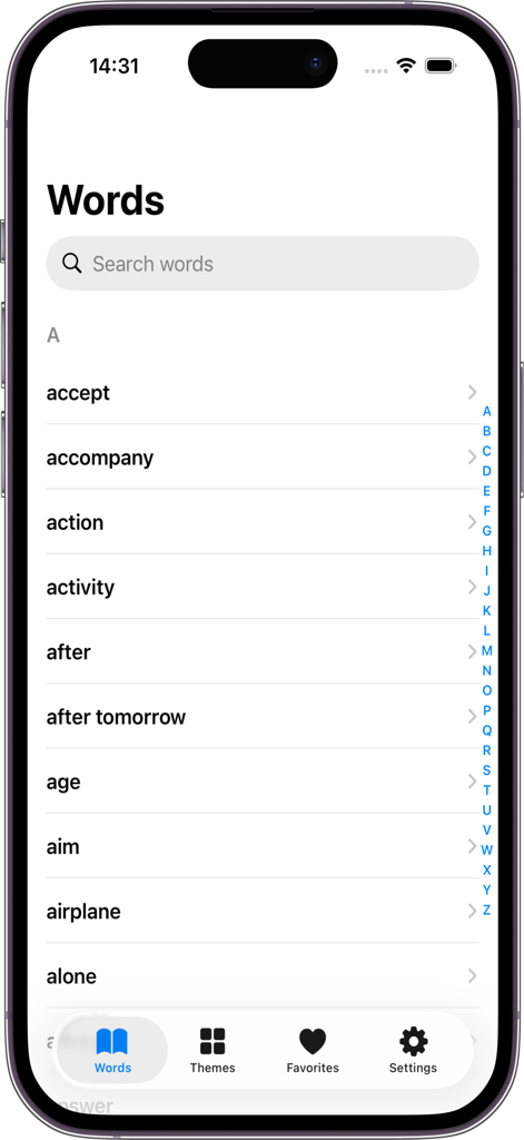 Sématos - Liste de mots alphabétique et interface de recherche dans l'application de dictionnaire de langue des signes Sematos