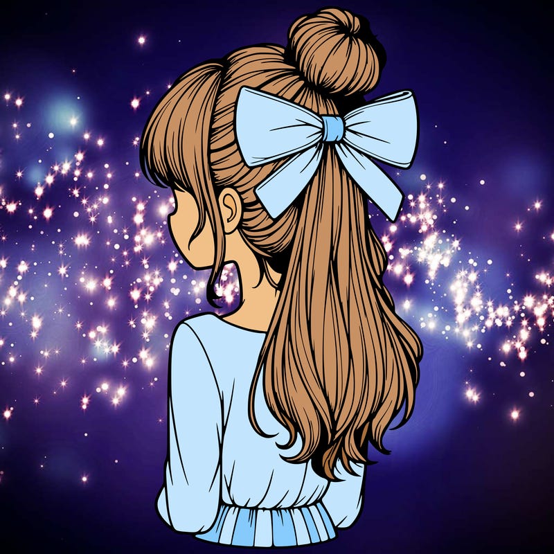 realistic girl  with hip length hair a bun and a big bow on the back of head