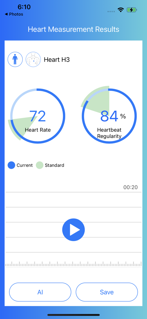 Schermata dell'app Skeeper Health Mate che mostra i risultati della frequenza cardiaca e della regolarità del battito con opzioni di analisi AI.