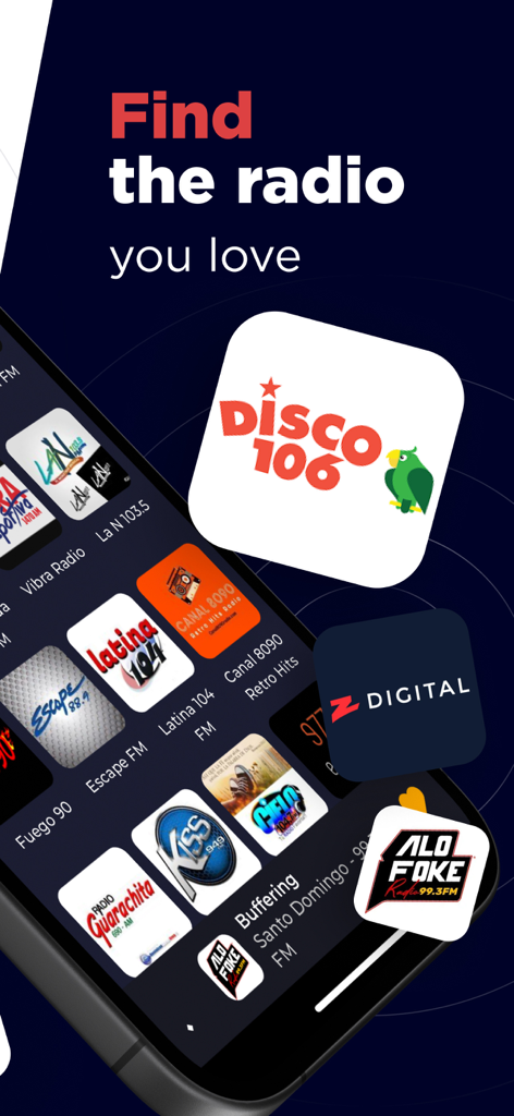 Dominican Radio Live FM & AM - Mobile app interface displaying a grid of popular Dominican radio station logos for discovery
