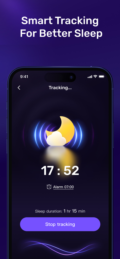 MySleep app interface showing an active sleep tracking session with duration and alarm time