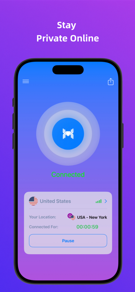 A screenshot of the VPN Proxy Spider VPN app interface on an iPhone showing a successful connection to a New York server with the headline Stay Private Online.