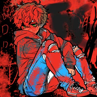a male hoddie ripped jeans messy hair anime