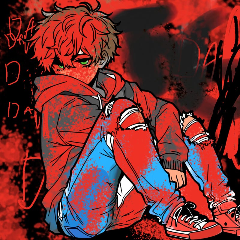 a male hoddie ripped jeans messy hair anime