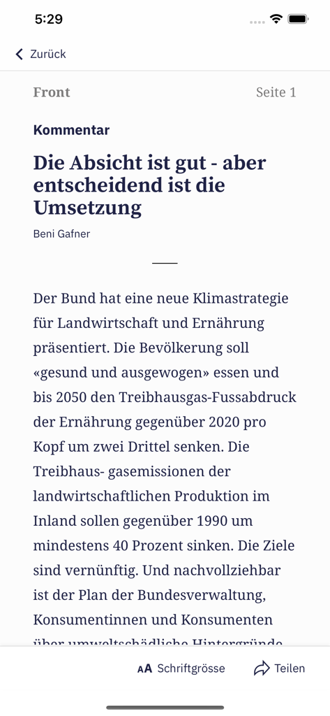 A digital news article on the Der Bund E-Paper app interface showing reading mode and text customization options