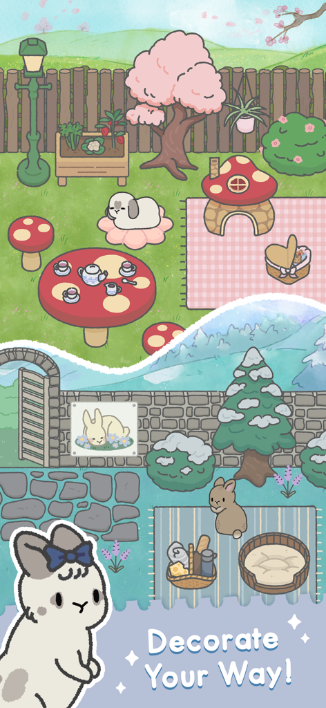 다양한 정원 장식 스타일과 귀여운 토끼들이 있는 Bunny Haven 게임의 세로 디스플레이.