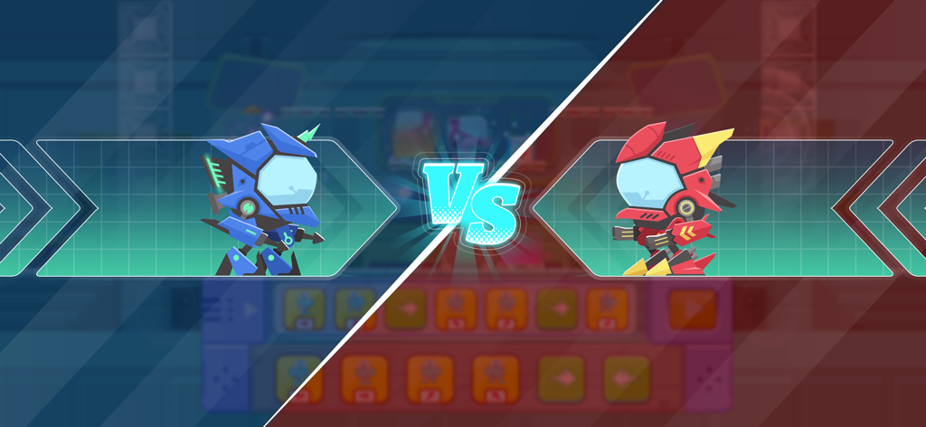 Ein geteilter Bildschirm, der einen blauen Mecha-Roboter gegen einen roten Mecha-Roboter in einer Programmierkampfarena zeigt.