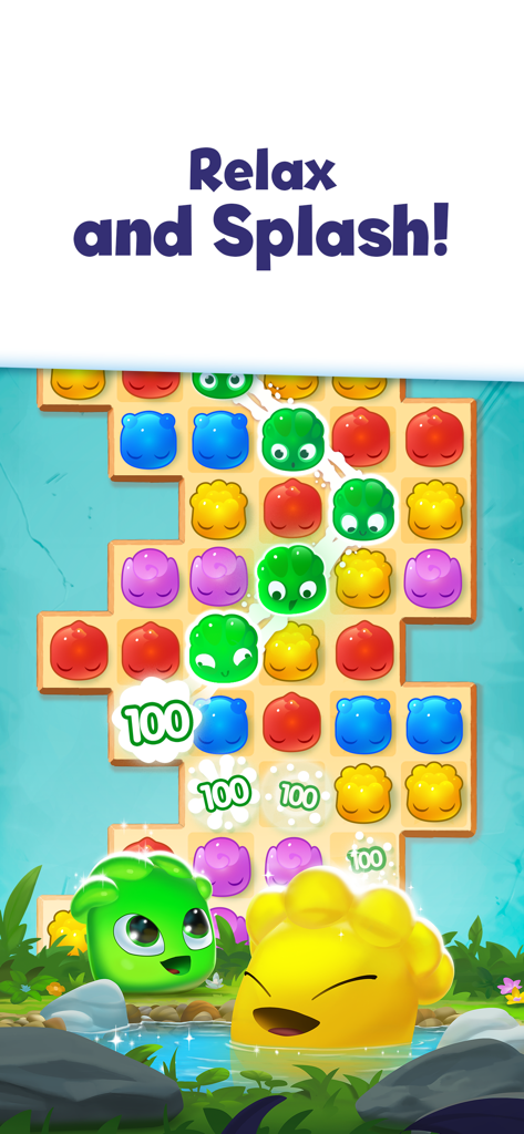 Colorful jelly characters being matched on a puzzle board in the Jelly Splash mobile game.