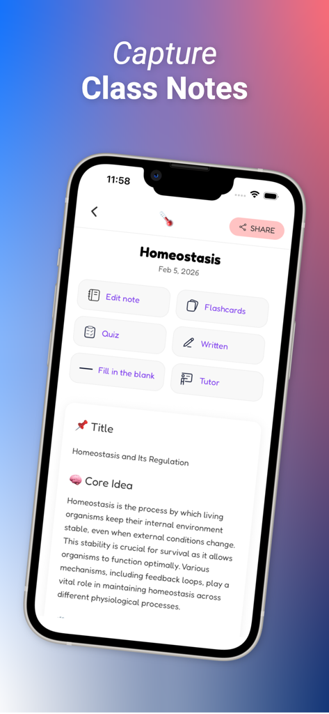 StudyPup - StudyPup mobile app interface displaying class notes on homeostasis with study tools like flashcards and quizzes