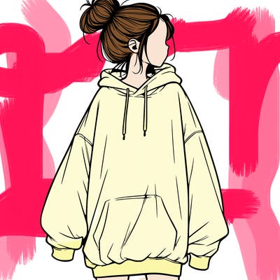 realistic girl with a oversized sweatshirt on and a bun