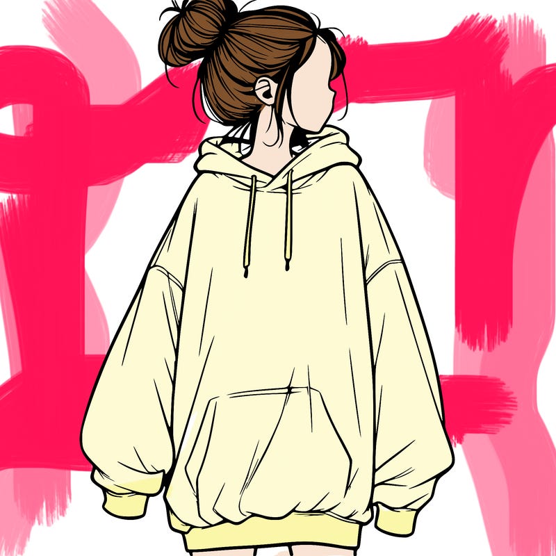 realistic girl with a oversized sweatshirt on and a bun