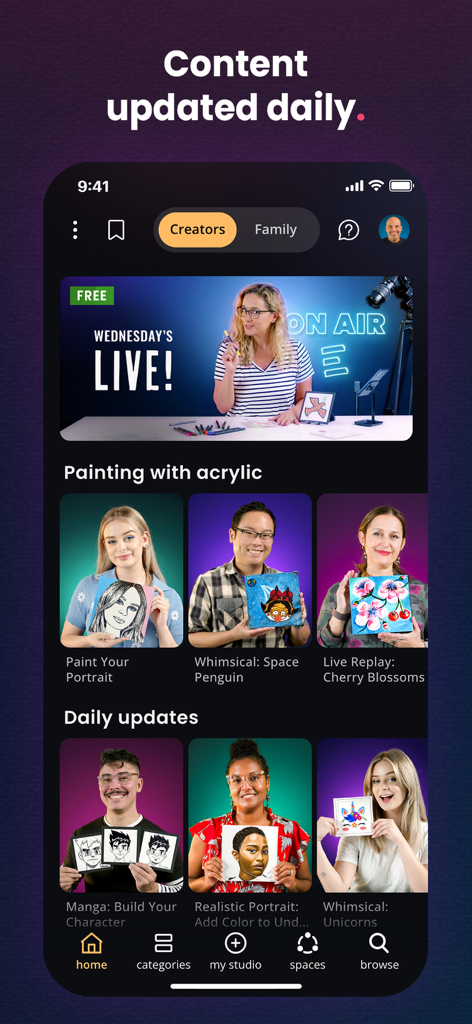 Cupixel: AR Tracing & Classes - A screenshot of the Cupixel app home screen displaying various art classes and daily creative content