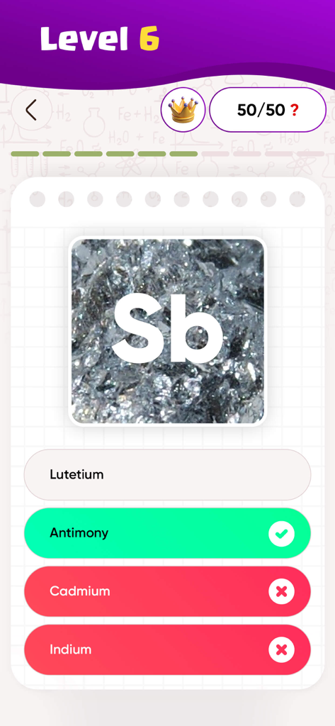 Periodic Table Elements Quiz・ - A multiple choice question in a chemistry quiz app identifying the element Antimony by its symbol Sb.