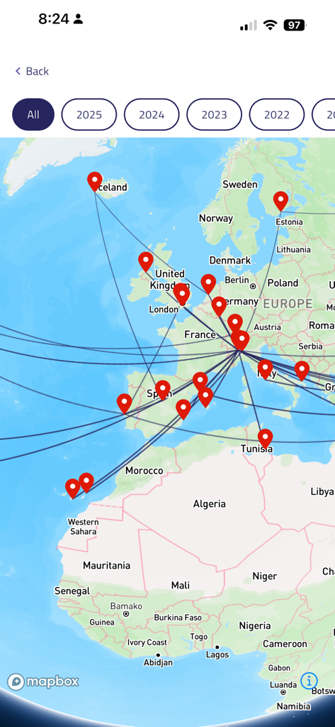 Sugo - Interactive travel map displaying flight routes and destination pins in the Sugo app