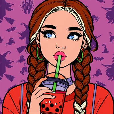 realistic girl with braided hair drinking boba