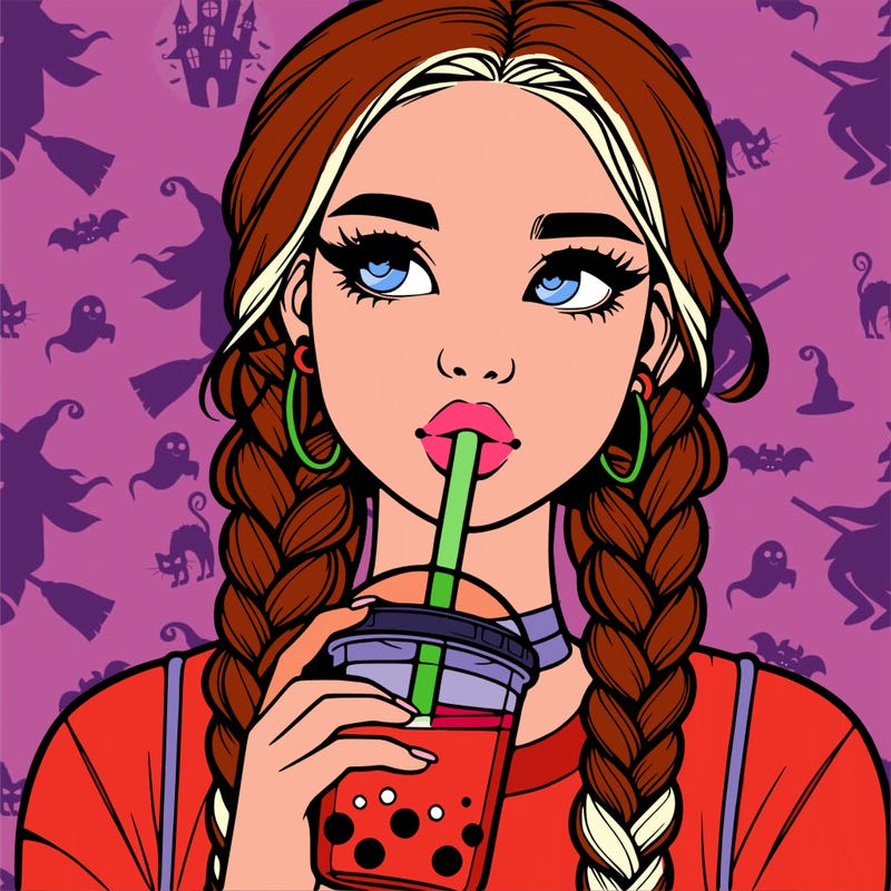 realistic girl with braided hair drinking boba