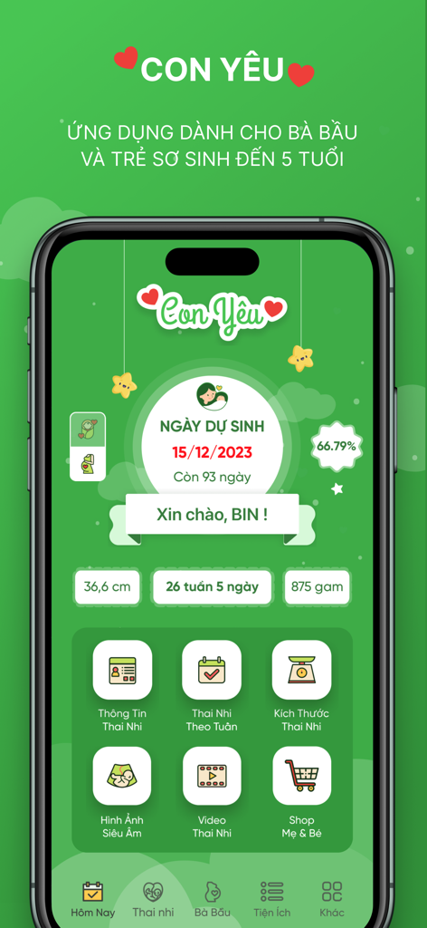Con Yêu - App Cho Mẹ Và Bé - Schermata principale dell'app Con Yeu che visualizza i progressi della gravidanza e le tappe della crescita del bambino per i genitori vietnamiti