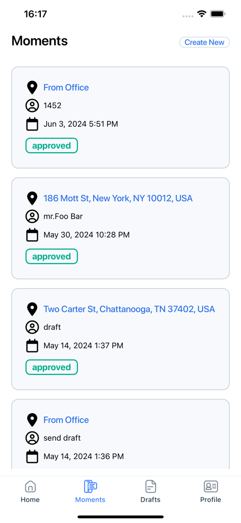 GeoBooster - GeoBooster app Moments screen listing geo-tagged job updates and status