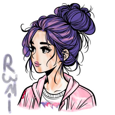 realistic teenage girl with a messy bun
