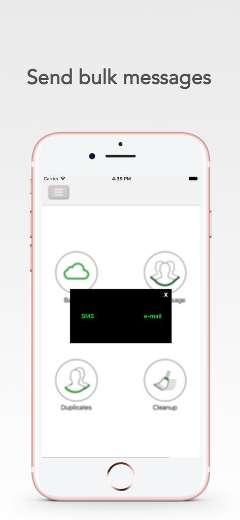 My Contacts Editor + - Interface of My Contacts Editor app showing options to send bulk SMS and email messages.