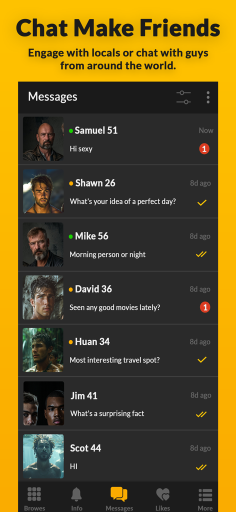 WOOLFR Gay Dating, Chat, Meet - Écran des messages de l'application WOOLFR montrant une liste de conversations avec des profils d'hommes divers