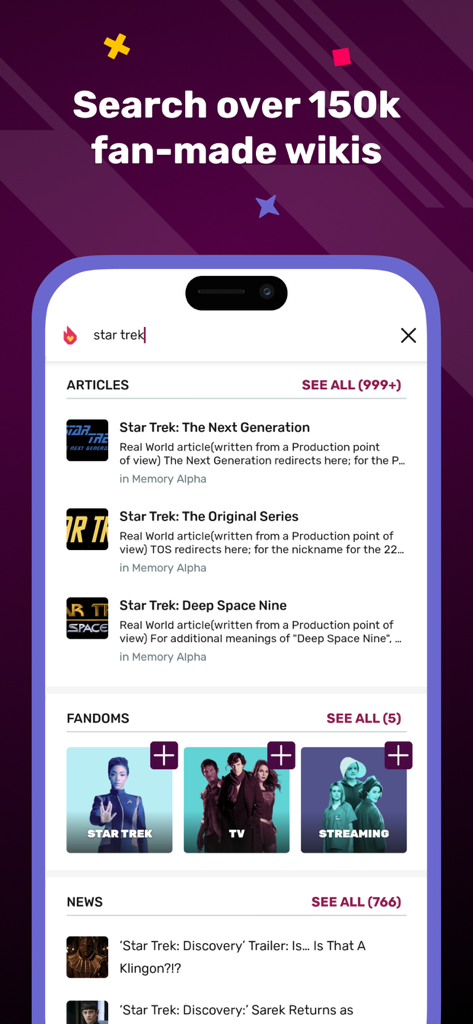Search results for Star Trek on the FANDOM app showing fan wikis articles and news stories