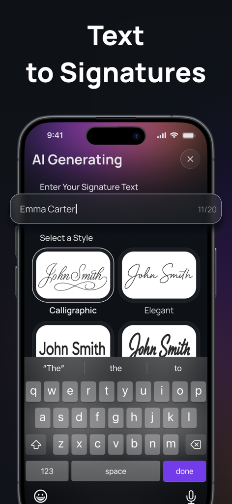 Sign AI - Signature Maker App - Mobile app interface showing the text to signature feature with various professional AI generated styles