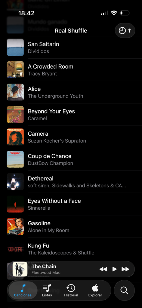 Real Shuffle Music - Real Shuffle Music app interface showing a list of songs with album art and a playback bar for The Chain by Fleetwood Mac