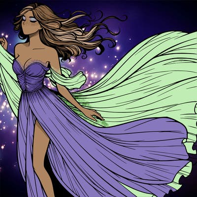 realistic woman in dress flowing the the wind