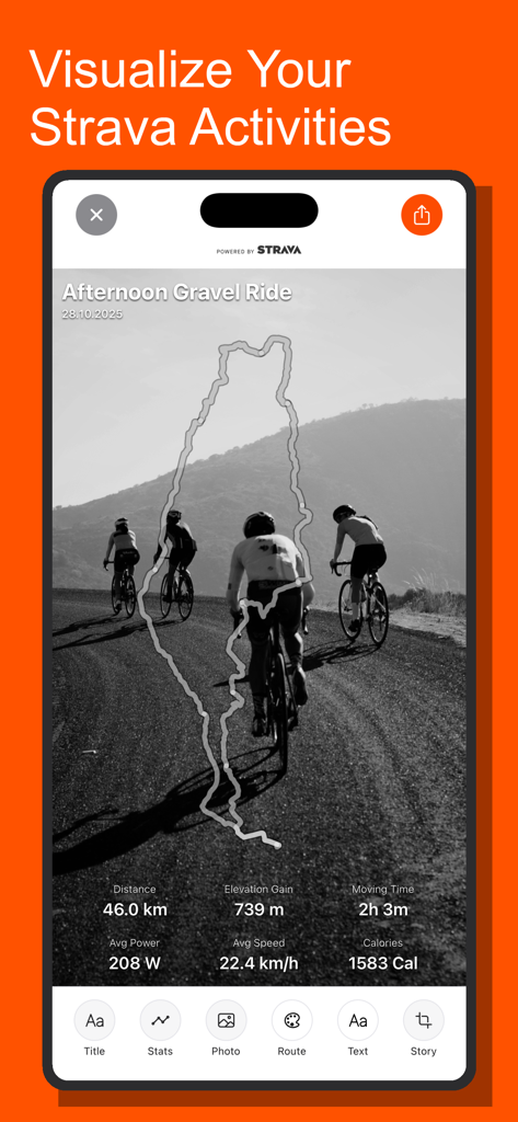 routeart app - Interfaz de la app routeart que muestra una ruta de ciclismo y estadísticas de entrenamiento superpuestas en una foto de acción en blanco y negro.