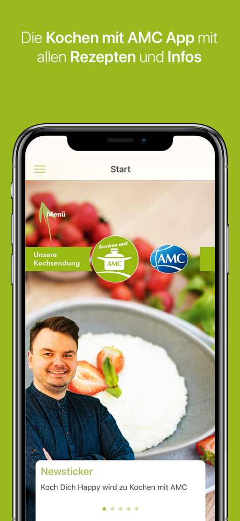 Kochen mit AMC - Kochen mit AMC App Startbildschirm mit Andreas Braun und Links zu Rezepten und Kochshows