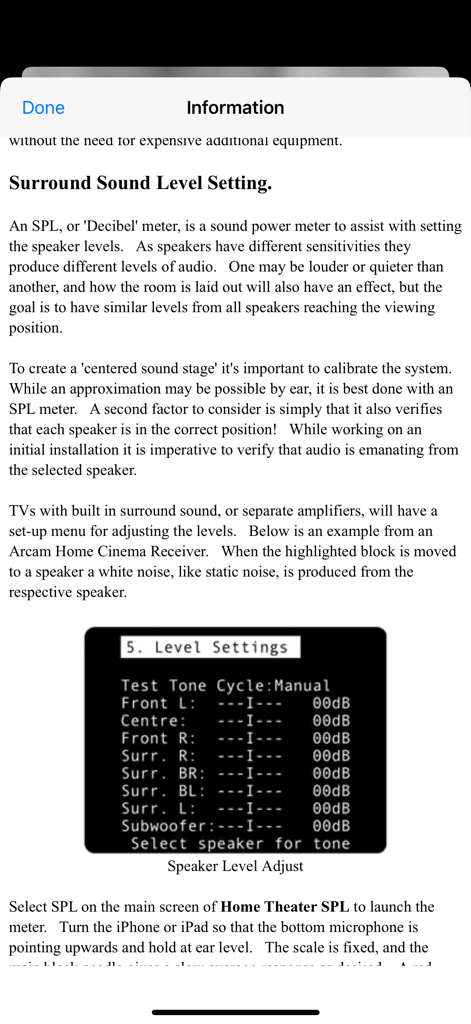 Home Theater SPL - Informationsbildschirm zur Erläuterung der Surround-Sound-Lautsprecherpegel-Kalibrierung mit einem Beispiel-Receiver-Menü.