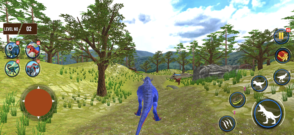 Dino Family Adventure Game - Gameplay of Dino Family Adventure Game showing a blue dinosaur in a prehistoric forest