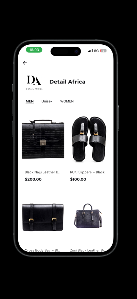 Stitches Africa - Detail Africa brand page on the Stitches Africa app displaying luxury men's leather bags and black sandals