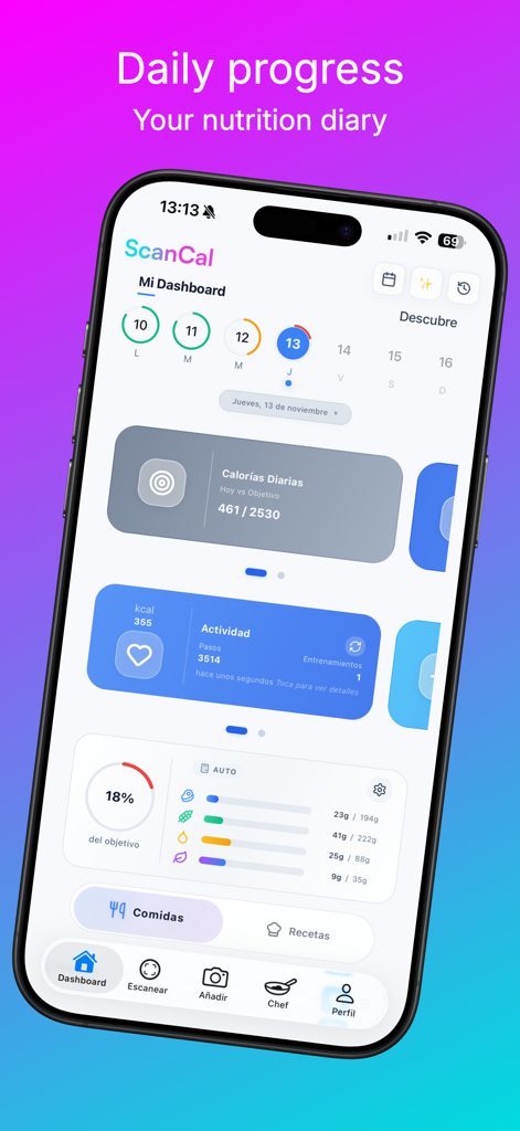 ScanCal - ScanCal app dashboard showing daily calorie and nutrient progress