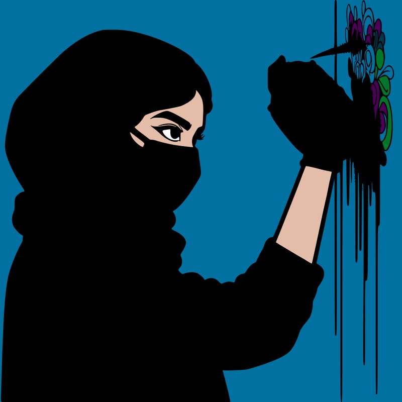 realistic girl with mask spray painting a wall