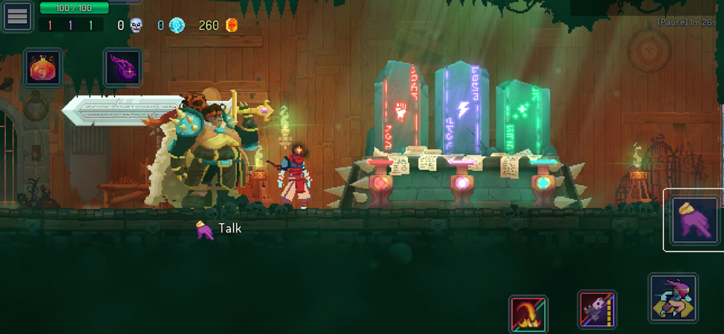 Dead Cells: Netflix Edition - Gameplay de pixel art de Dead Cells Netflix Edition mostrando o personagem perto de pilares de aprimoramento e um NPC
