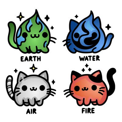4 cats that represent the different elements, earth, water, air, and fire