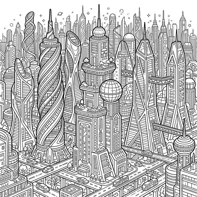 Dive into a world of advanced architecture with this captivating coloring page of futuristic skyscrapers. Unleash your creativity on a densely packed cityscape filled with innovative designs and intricate details.