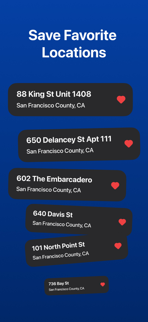 Capture d'écran de l'application Carte des Parcelles Cadastrées montrant une liste d'adresses de propriétés favorites enregistrées à San Francisco.