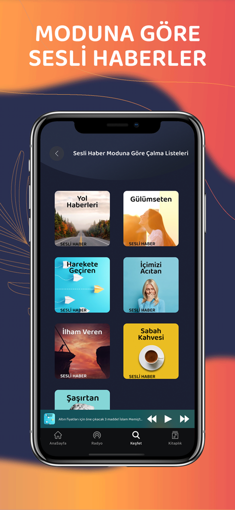 Tela do aplicativo 724 Dinle mostrando playlists de áudio de notícias categorizadas por humor, como café da manhã e inspirador.